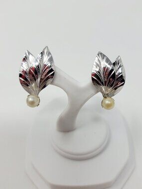 Bond Boyd Sterling Silver Leaf Pearl Screw Back Earrings Vintage